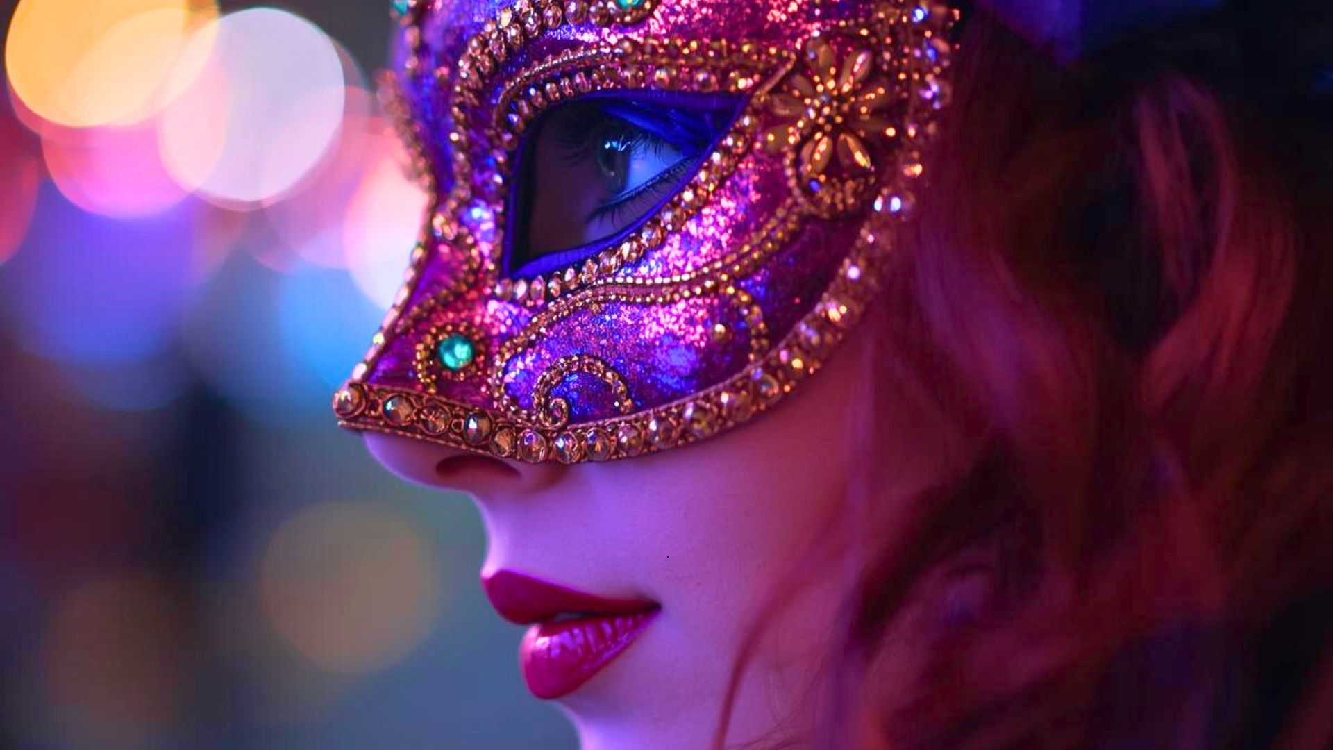 Elegáns farsangi maszkot viselő nő színes, esti fényekben – farsangi bál hangulat