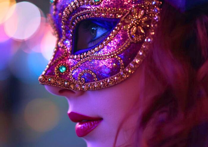 Elegáns farsangi maszkot viselő nő színes, esti fényekben – farsangi bál hangulat