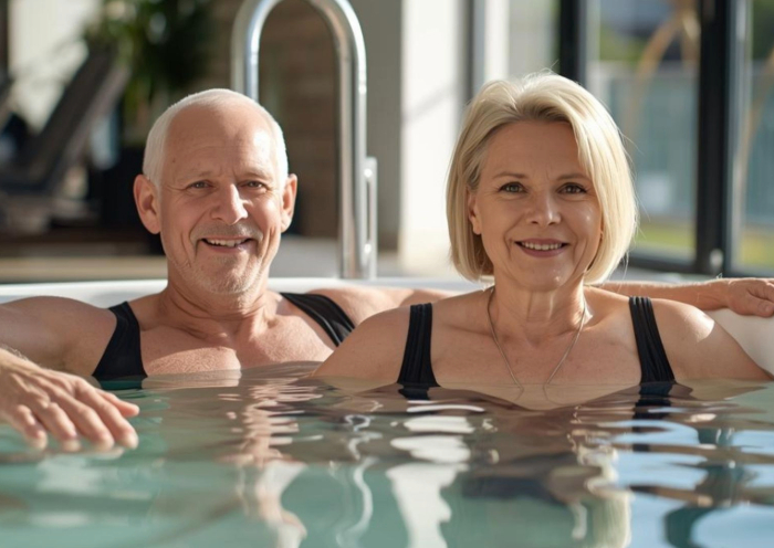 Egy idősebb házaspár napfényes medencében pihen és mosolyog. Fürdőruhát viselnek, a háttérben egy nyugodt beltéri wellness-környezet látható, amely pihenést és boldogságot sugároz.